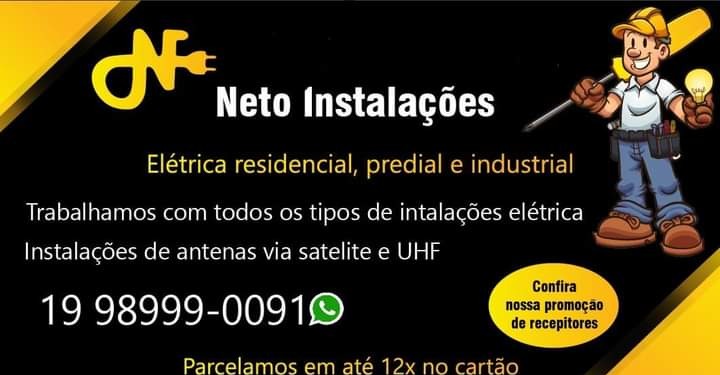 flyer preto e amarelo com logo NF, desenho de eletricista e telefone